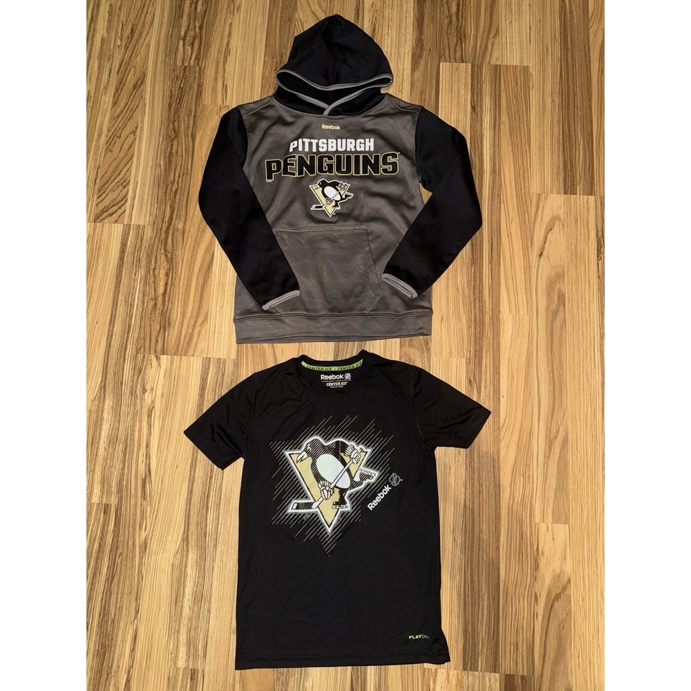 Reebok Pittsburgh Penguins Boys Sz 8 T-Shirt Hoodie Y2K Dri-fit EUC‎